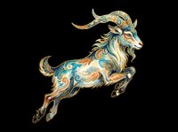 Ornate leaping goat with swirling teal and gold patterns, isolated on transparent background, ready for stickers, t-shirt design, print on demand, and sublimation.