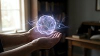 Glowing purple energy sphere floating above open hands in warm indoor setting with natural window light creating mystical atmosphere for digital art projects.