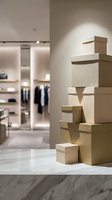 Stacked cardboard boxes in modern retail store interior with blurred clothing display background, showcasing packaging and storage solutions for fashion retail environments.