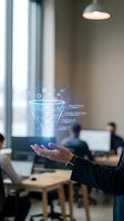 Business professional displaying holographic sales funnel with marketing stages in modern office environment for digital strategy presentations.
