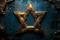 Golden Star of David symbol on textured blue background with rough edges, representing Jewish heritage and religious significance.