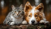 Adorable tabby cat and red border collie dog lying together outdoors, showcasing friendship between pets in natural autumn setting with warm lighting.