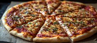 Fresh baked pizza with melted mozzarella cheese, tomato sauce and herbs on dark background, sliced and ready to serve. Close up view shows crispy crust.