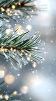 Frosty pine needles with sparkling lights and falling snow create magical winter atmosphere. Soft bokeh effects and glowing warm highlights add festive holiday mood.