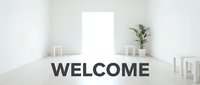 Bright minimalist white room with open glowing door, green plant, and bold Welcome text, evoking hospitality and new beginnings.