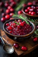 Fresh homemade cranberry sauce with whole berries and rosemary in rustic ceramic bowl, perfect for holiday dinner or thanksgiving menu. Dark moody food photography.