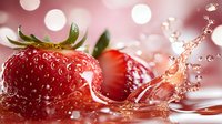 Fresh ripe strawberry with water splash and droplets on pink bokeh background, macro shot showing juicy texture and natural sweetness.