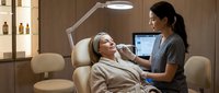 Professional spa therapist performing facial treatment on relaxed client in modern wellness center with advanced skincare technology and ambient lighting.