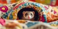 Curious ferret peeking out from colorful patchwork quilt tunnel, nose forward with playful expression against blurred fabric background, creating cozy home scene.
