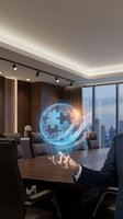 Businessman hand holding glowing puzzle sphere with growth arrow in modern conference room representing business solutions and strategic planning.