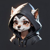 Cute anthropomorphic white cat character wearing black hoodie, digital art portrait with expressive brown eyes and friendly smile on dark background.