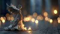 Angel statue with glowing candle creating warm bokeh lights on wooden surface in peaceful evening atmosphere for spiritual meditation concepts.