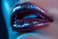 Macro shot of lips covered in sparkling blue and purple glitter makeup against dark background, creating dramatic cosmetic art effect for beauty and fashion concepts.