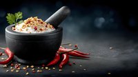 Aromatic spicy salt mixture in black stone mortar with pestle, surrounded by red chili peppers on dark background with copy space.