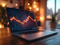 Laptop displaying glowing red stock market graph on screen against blurred bokeh background, modern workspace with warm ambient lighting and window view.