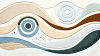 Abstract watercolor waves in neutral earth tones and soft blue create flowing organic shapes with circular elements and textured layers, suitable for modern interior design.