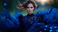 Young Caucasian woman in dark blue lace dress surrounded by magical glowing blue butterflies, wind blowing her hair, dreamy fantasy portrait with bokeh background.