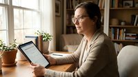 Middle-aged Caucasian woman with glasses reading on tablet device at home office desk near window with plants and books in cozy interior setting.