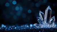 Crystal cluster formation with translucent quartz points emerging against dark background with blue bokeh lights, creating magical mineral composition for mystical designs.