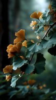 Golden ginkgo biloba leaves and blossoms against teal-green foliage, creating dramatic contrast with dark forest background.