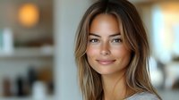 Young Caucasian woman with natural makeup and highlighted brown hair smiling warmly at camera against blurred interior background, soft natural lighting creates glowing skin effect.