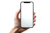 Hand holding modern smartphone with blank white screen, isolated on white background for mockup or app design presentation.
