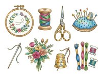 Vintage sewing and embroidery tools set with hoop, scissors, thimble, threads, needle, and floral bouquet, isolated on white background.