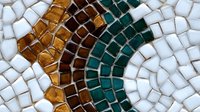 Colorful mosaic pattern with curved bands of white, amber, and teal glass tiles creating an elegant decorative surface for interior design projects.