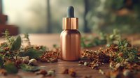 Copper metallic essential oil dropper bottle surrounded by dried herbs, flowers and botanical elements on wooden surface in warm natural lighting.