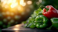 Fresh red and green bell peppers on dark surface with golden bokeh sunlight background, macro food photography for healthy eating and cooking concepts.