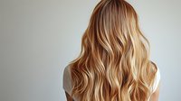 Back view of woman with long wavy blonde hair with highlights against neutral gray background, wearing white top.
