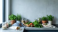 Fresh herbs and vegetables arranged on kitchen counter with glass jars and terracotta pots by window for healthy cooking and meal preparation.