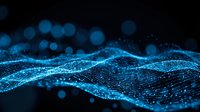 Abstract blue digital wave made of glowing particles and dots on dark background. Futuristic technology concept for data visualization and network design.