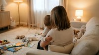 Mother holding toddler son in cozy bedroom with toys scattered on floor. Warm lighting creates intimate family bonding moment for parenting content.