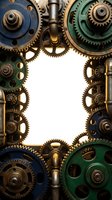 Vintage mechanical gears and cogs frame with white center space for text or design elements. Industrial steampunk machinery background for creative projects.
