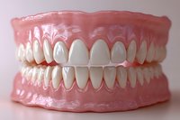 Dental prosthetic model displaying upper and lower dentures with artificial teeth on pink gum base, used for dentistry education, patient consultation, and prosthodontic training purposes.