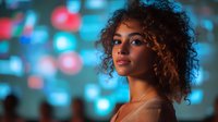 Young African American woman with natural curly hair smiling confidently against blurred bokeh lights in turquoise and pink, creating atmospheric evening portrait.