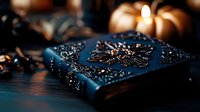 Ornate vintage book with dark blue cover and silver floral embellishments in magical autumn setting with golden pumpkins and candlelight creating mystical atmosphere.