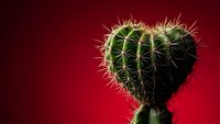 Green barrel cactus shaped like heart with golden spines on red gradient background for Valentine's Day, love concepts, and romantic desert themes.