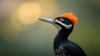 Close-up portrait of woodpecker with distinctive orange-red crest and black feathers against soft bokeh background, showing detailed beak and plumage pattern.