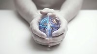 Hands cupping glowing sacred geometry mandala symbol with spiritual energy light for meditation, healing, wellness and mindfulness practices.