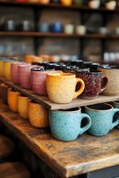 Colorful handmade ceramic mugs with speckled glaze displayed on wooden shelves in artisan pottery shop showcasing traditional craftsmanship and rustic charm.