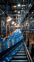 Bottled water production line with blue plastic bottles moving on conveyor belt under industrial lighting in manufacturing facility.