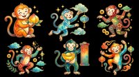 Cute Chinese zodiac monkey set isolated on transparent background, featuring six festive poses with lanterns, gold, and coins for clipart, stickers, and print on demand.