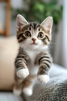 Adorable tabby kitten with white markings sitting on couch, looking directly at camera with bright eyes in cozy home interior for pet adoption campaigns.