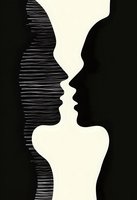 Minimalist black and white silhouette of two faces in profile facing each other, creating negative space between them, artistic line work adds texture to one profile.