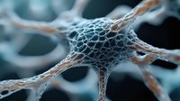 Microscopic view of neural network cell structure with interconnected neurons and synapses in blue and orange tones against dark background for medical research.