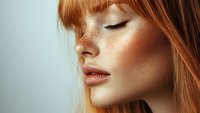 Close up profile portrait of young woman with ginger hair, natural freckles, and closed eyes against light background, showing natural beauty and pure skin.