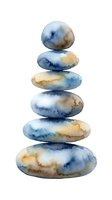 Stacked stones in watercolor with blue and tan tones, isolated on white background. Zen balance concept for wellness, meditation, and spa design projects.