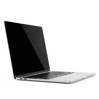 Modern silver laptop computer with black screen isolated on white background for business technology and remote work presentations.